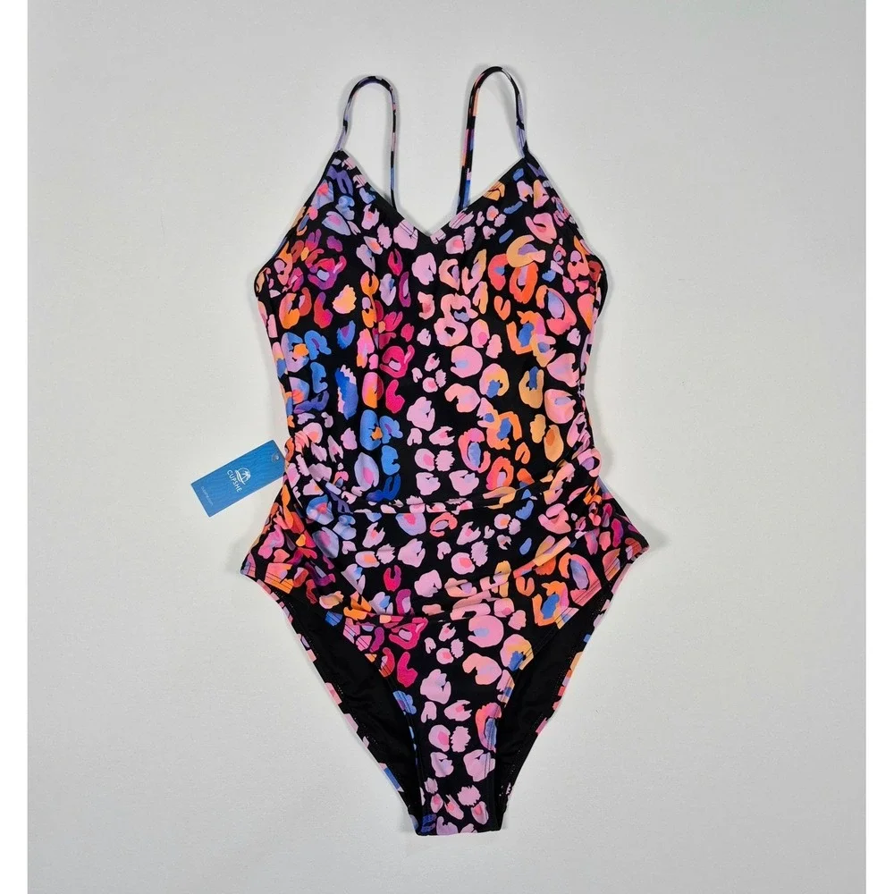 Cupshe One Piece Swimsuit Black Pink Leopard Print Tummy Control NWT Medium